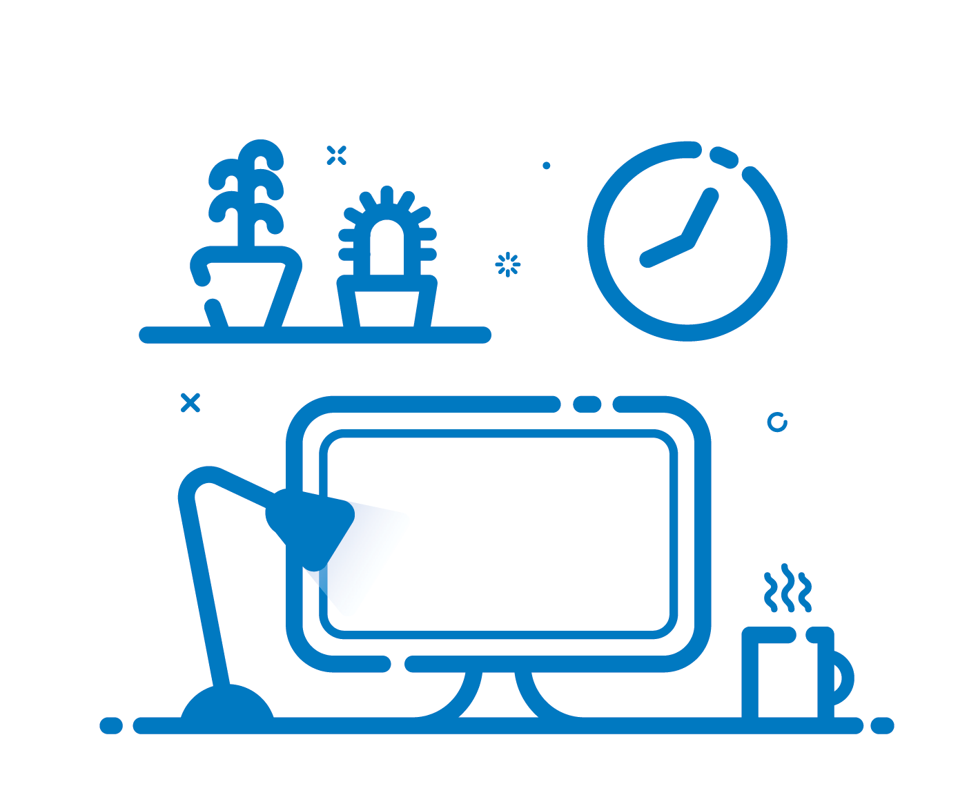 Drawing of a computer and a desk with coffee cup on it and a clock 